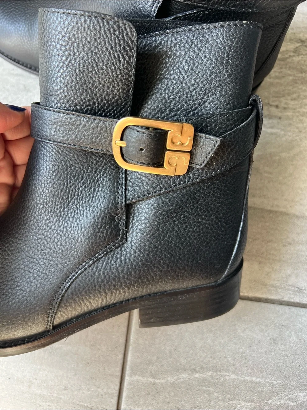 Tory Burch Black Leather Ankle Booties with Gold Buckle Accent
